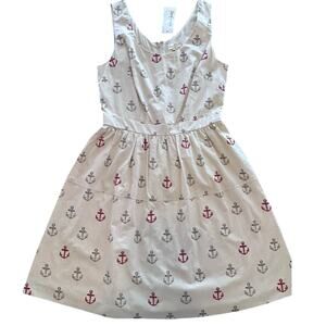 MAISON JULES NEW! Beige/Red Anchors Nautical Cotton Fit N Flare Dress Medium NWT